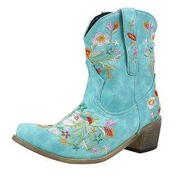 Stiefeletten Damen Stiefel Stiefelette Stiefel Damen Cowboy Cowgirls Stiefel Blumen Bestickte Retro Schuhe Stiefeletten (39,blau) von Yowablo