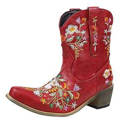 Stiefeletten für Damen Stiefel Stiefelette Stiefel Damen Cowboy Cowgirls Stiefel Blumen Bestickte Retro Schuhe Stiefeletten (42,rot) von Yowablo