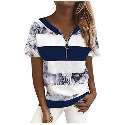 T-Shirt Damen Sommer Oberteile Kurzarm Tee Tops T-Shirt Bluse Pullover Frauen gestreifte Leoparden Nähte Reißverschluss Kurzarm Tops (L,2blau) von Yowablo