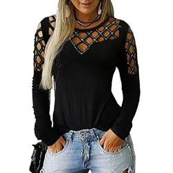 Top Damen Spitzen Shirt Transparent Netz Dekolleté Top Rundhals Party Oberteile Mesh Crop Strass aushöhlen (XL,Schwarz) von Yowablo