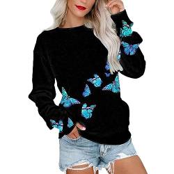 Yowablo Blauer Hoodie Damen Herbst und Winter Mode Langarm Rundhals Pullover Sweatshirt Schmetterling Bedruckt Damen Kapuzenpullover Pullover Schulterfrei Damen (c-V, M) von Yowablo