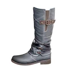 Yowablo Damen Hohe Stiefel, Schuhe Leder Warme Schneestiefel Reitstiefel mit Absatz Beiläufige Schnalle Langschaft Kniehohe Stiefel Mode Casual Square Heels Langer Knöchel Slip (42,Grau) von Yowablo