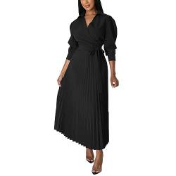 Yowablo Damen-Kleid, einfarbig, langärmelig, hohe Taille, modisch, lässig, plissiert Kariertes Kleid Damen (Black, L) von Yowablo