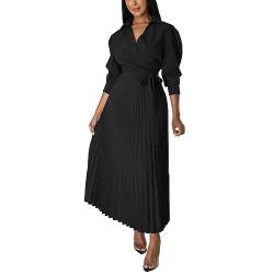 Yowablo Damen-Kleid, einfarbig, langärmelig, hohe Taille, modisch, lässig, plissiert Kariertes Kleid Damen (Black, S) von Yowablo