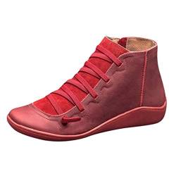 Yowablo Damen Kurzschaft Stiefel Lässige Flache Retro-Schnürstiefel aus Leder mit seitlichem Reißverschluss und runder Schuhspitze (37 EU,4- rot) von Yowablo