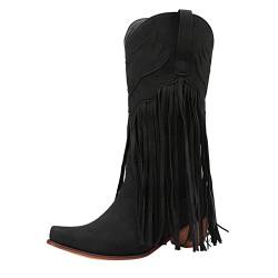 Yowablo Damen Stiefel Mode Wohnungen Quaste Spitze Zehe Schuhe mit niedrigen Absätzen Western Knight Stiefel (38 EU,Schwarz) von Yowablo