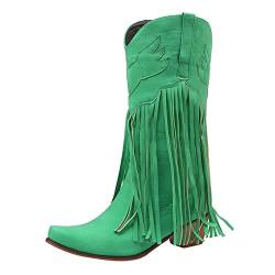 Yowablo Damen Stiefel Mode Wohnungen Quaste Spitze Zehe Schuhe mit niedrigen Absätzen Western Knight Stiefel (40 EU,Grün) von Yowablo
