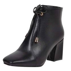 Yowablo Damen Stiefeletten Bow Square Heels reißverschluss einfarbig Kurze Stiefeletten Karree Schuhe (39 EU,Schwarz) von Yowablo