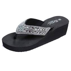 Yowablo Hausschuhe Damen Sommer Mode Strass Keile Flip Flops Lässige Strandschuhe (38,Schwarz) von Yowablo