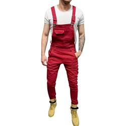 Yowablo Herren Jeans Latzhose Stretch Hose Slim Fit Basic Lange Jeanshose für Männer Denim Overall Jungen weiße Freizeithose Jumpsuit Cargohose (XL,2- rot) von Yowablo