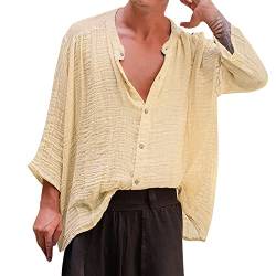 Yowablo Herrenhemd Neues, langes, lockeres, lockeres Strand-Langarmhemd aus Fester Baumwolle Schwarzes Hemd Kurzarm Herren von Yowablo
