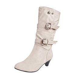 Yowablo Hohe Stiefel Rundkopf Anti Rutsch Gürtelschnalle Cup Mittelrohr Gemütlich Female (39 EU,Beige) von Yowablo