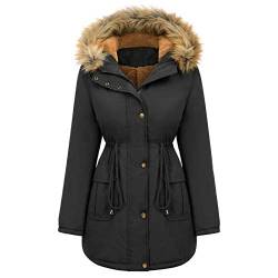 Yowablo Jacke Damen Winterjacke Regenjacke Damen übergangsjacke Damen Jacke Frauen Herbst und Winter Plüsch Kapuze lose Kordelzug Lange einfarbig (M,Schwarz) von Yowablo