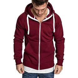 Yowablo Kapuzenpullover Herren Reine Farbe Reißverschluss Pullover Langarm Tops Bluse (M,Rot) von Yowablo