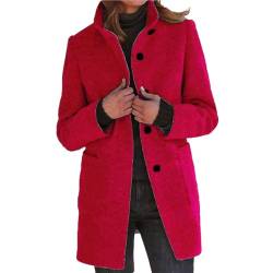 Yowablo Kurzmantel Damen Damen Woll-Cardigan-Mäntel mit Taschen, Damen-, langer Jackenmantel, modisch, einfarbig, lässig, vorne offen, Oberbekleidung Wintermantel Damen Warm Wolle (Red, M) von Yowablo