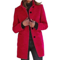 Yowablo Kurzmantel Damen Damen Woll-Cardigan-Mäntel mit Taschen, Damen-, langer Jackenmantel, modisch, einfarbig, lässig, vorne offen, Oberbekleidung Wintermantel Damen Warm Wolle (Red, XL) von Yowablo