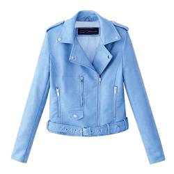 Yowablo Lederjacke Damen Künstlich PU Bikerjacke mit Reißverschluss, Kurze Jacke für Herbst mit Niet (3XL,Blau) von Yowablo