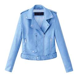 Yowablo Lederjacke Damen Künstlich PU Bikerjacke mit Reißverschluss, Kurze Jacke für Herbst mit Niet (XL,Blau) von Yowablo
