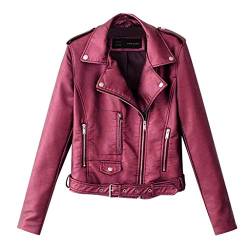 Yowablo Lederjacke Damen Künstlich PU Bikerjacke mit Reißverschluss, Kurze Jacke für Herbst mit Niet (XL,Wein) von Yowablo