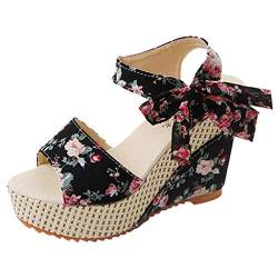 Yowablo Schuhe Frauen Plattform Keile Absatz Sandalen Blumen Blume Schnürschuhe (38,Schwarz) von Yowablo