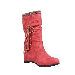 Yowablo Stiefel für Damen Modische einfarbige Schleife Quaste Absatz hinten klobige Stiefel mit mittlerer Wade Damen (Red,39) von Yowablo