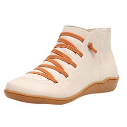 Yowablo Stiefeletten Damen Casual Flache Leder Retro Schnürstiefel Seitlicher Reißverschluss Runde Kappe Einfarbig (38 EU,11- Beige) von Yowablo