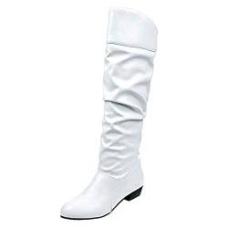 Yowablo Stiefeletten Worker Boots Stiefel Damen Slip-On Vierkantabsatz Einfarbig Hohe Kniehohe Schuhe Runde Zehen (39,Weiß) von Yowablo