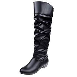 Yowablo Stiefeletten Worker Boots Stiefel Damen Slip-On Vierkantabsatz Einfarbig Hohe Kniehohe Schuhe Runde Zehen (40,Schwarz) von Yowablo