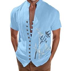 Yowablo Strandurlaubshemd Herrenhemd mit Manschettenknöpfen Stehkragen Hemden Herren Kurzarm Bügelfrei (3-Blue, XXXL) von Yowablo