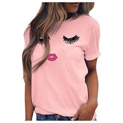 Yowablo T-Shirt Damen lässig Spaß Wimpern Ausdruck drucken Kurzarm Weste (XL,3Rosa) von Yowablo