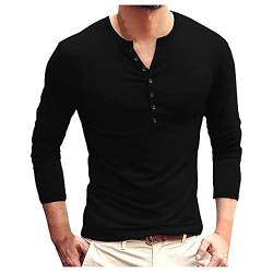 Yowablo T Shirt Longsleeve Langarm T-Shirts Top Herren Bequem Button O Neck Solid Color Slim Langarm (XL,1schwarz) von Yowablo