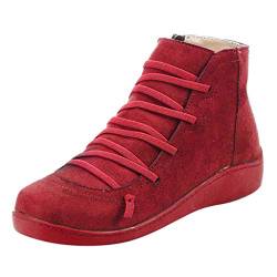 Yowablo Winterschuhe Damen Winterstiefel Warm Gefüttert Schneestiefel Stiefeletten Winter Kurzschaft Stiefel Schuhe Seitenreißverschluss mit Schnürung (39 EU,rot) von Yowablo