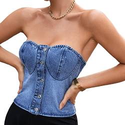 Ypser Damen Denim Korsett Top Denim Crop Top Push Up Bustier Ärmellos Tube Top Streetwear, blau (1), L/X-Large von Ypser