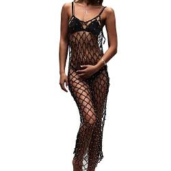 Ypser Damen Fischnetz Cover Up Kleid Strass Lang Maxikleid Strand Häkeln Bikini Coverup, Schwarz, Large-X-Large von Ypser