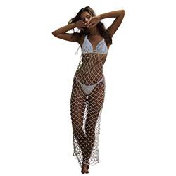 Ypser Damen Fischnetz Cover Up Kleid Strass Langes Maxikleid Strand Häkeln Bikini Coverup, weiß, S / M von Ypser