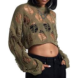 Ypser Damen Y2K Crochet Top Hollow Out Sweater Langarm Strick Bolero Top Strickshirts Streetwear, armee-grün, Large-X-Large von Ypser