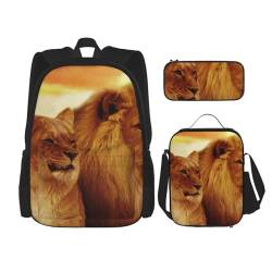 YsoLda Rucksack-Set, Schultasche, Büchertasche, Rucksack, 3-teiliges Set mit Lunchtasche, Federmäppchen,Afrikanischer Löwe und Löwin von YsoLda