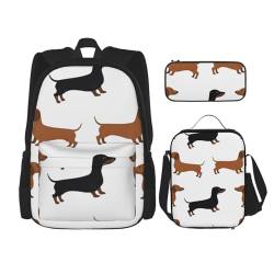 YsoLda Rucksack-Set, Schultasche, Büchertasche, Rucksack, 3-teiliges Set mit Lunchtasche, Federmäppchen,Dackel Weiner Pet Dogs Bedruckt von YsoLda