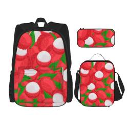 YsoLda Rucksack-Set, Schultasche, Büchertasche, Rucksack, 3-teiliges Set mit Lunchtasche, Federmäppchen,Frucht des Litschi-Musters von YsoLda