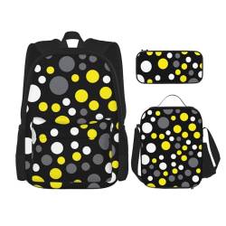 YsoLda Rucksack-Set, Schultasche, Büchertasche, Rucksack, 3-teiliges Set mit Lunchtasche, Federmäppchen,Gelb, weiß, schwarz, gepunktet von YsoLda