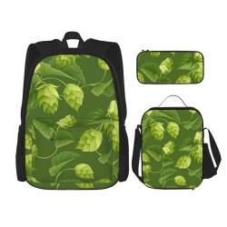 YsoLda Rucksack-Set, Schultasche, Büchertasche, Rucksack, 3-teiliges Set mit Lunchtasche, Federmäppchen,Grünes Hopfen- und Blättermuster von YsoLda