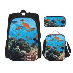 YsoLda Rucksack-Set, Schultasche, Büchertasche, Rucksack, 3-teiliges Set mit Lunchtasche, Federmäppchen,Korallen und Fische von YsoLda