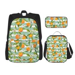 YsoLda Rucksack-Set, Schultasche, Büchertasche, Rucksack, 3-teiliges Set mit Lunchtasche, Federmäppchen,Orangen-Zitrus-Muster von YsoLda