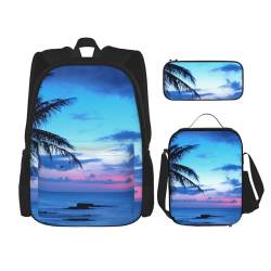 YsoLda Rucksack-Set, Schultasche, Büchertasche, Rucksack, 3-teiliges Set mit Lunchtasche, Federmäppchen,Tropischer Inselstrand-Ozean-Rosa-Blauer Sonnenuntergang von YsoLda