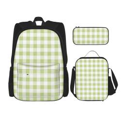 YsoLda Rucksack-Set, Schultasche, Büchertasche, Rucksack, 3-teiliges Set mit Lunchtasche, Federmäppchen,Überprüfen Sie das grün-weiße Muster von YsoLda