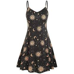 Sun Moon Star Print Kleid für Frauen Plus Size Ärmelloses Schultergurtkleid Casual Beach Sling Sommerkleid A-Linienrock von Yu Liao