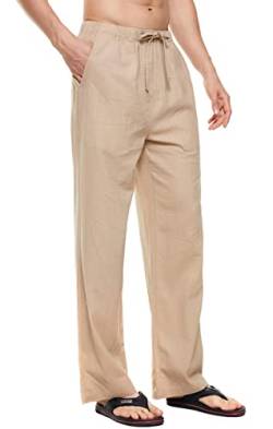 YuKaiChen Herren Leinenhose Herren Lang Sommerhose Weit Leicht Loose Fit Freizeithose Yoga Urlaub Strandhose mit Kordelzug lightkhaki XL von YuKaiChen