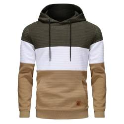 YuKaiChen Herren Pullover Herren Patchwork Hoodie Langarm Jacquard Kaputzenpullover Farbblock Sweatshirt mit Taschen Armeegrün Weiß Khaki XX-Large von YuKaiChen