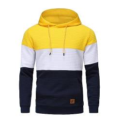 YuKaiChen Herren Pullover Herren Patchwork Hoodie Langarm Jacquard Kaputzenpullover Farbblock Sweatshirt mit Taschen Gelb Weiß Marine Klein von YuKaiChen