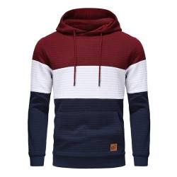 YuKaiChen Herren Pullover Herren Patchwork Hoodie Langarm Jacquard Kaputzenpullover Farbblock Sweatshirt mit Taschen Weinrot Weiß Marine X-Large von YuKaiChen